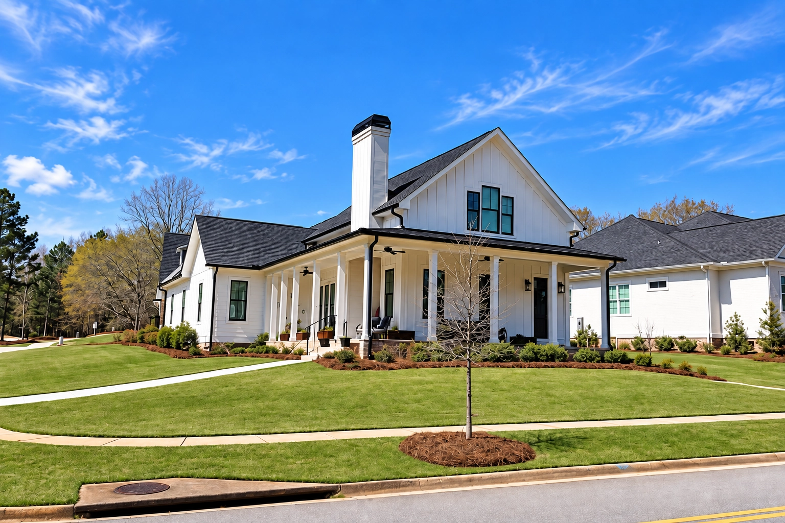 White board-and-batten farmhouse-style custom home with a covered front porch and landscaped lawn