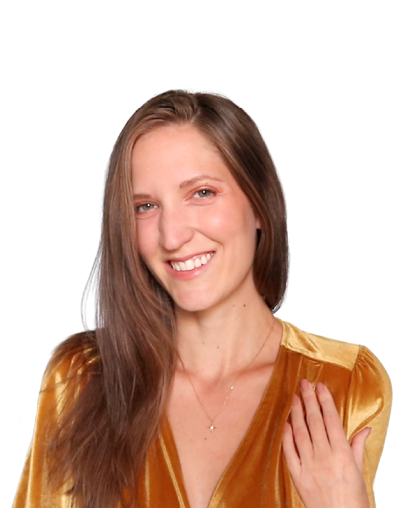 Portrait of Kinsey smiling in a gold velvet top.
