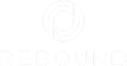 Rebound logo with stylized circular icon above the text REBOUND in white on black background.