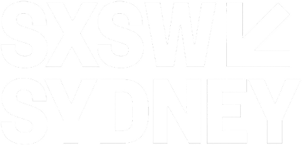 White SXSW Sydney logo with arrow on black background.