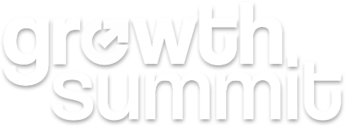 White 3D text logo reading 'growth summit' in lowercase letters with arrow forming inside letter o.