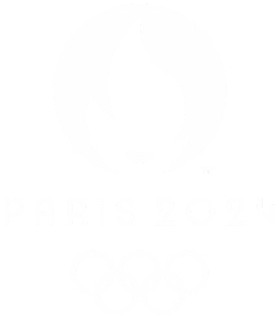 Paris 2024 Olympics logo with stylized flame and Olympic rings below the text.