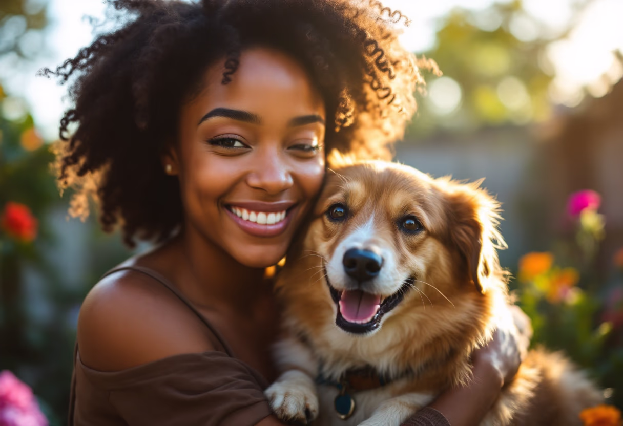 woman smiling holding her dog