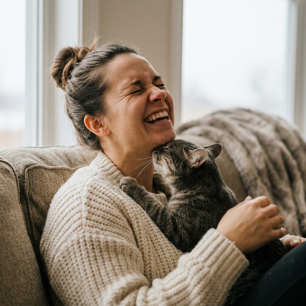 A young woman in a chunky cream sweater sitting on a sofa, a grey tabby cat nuzzling 
