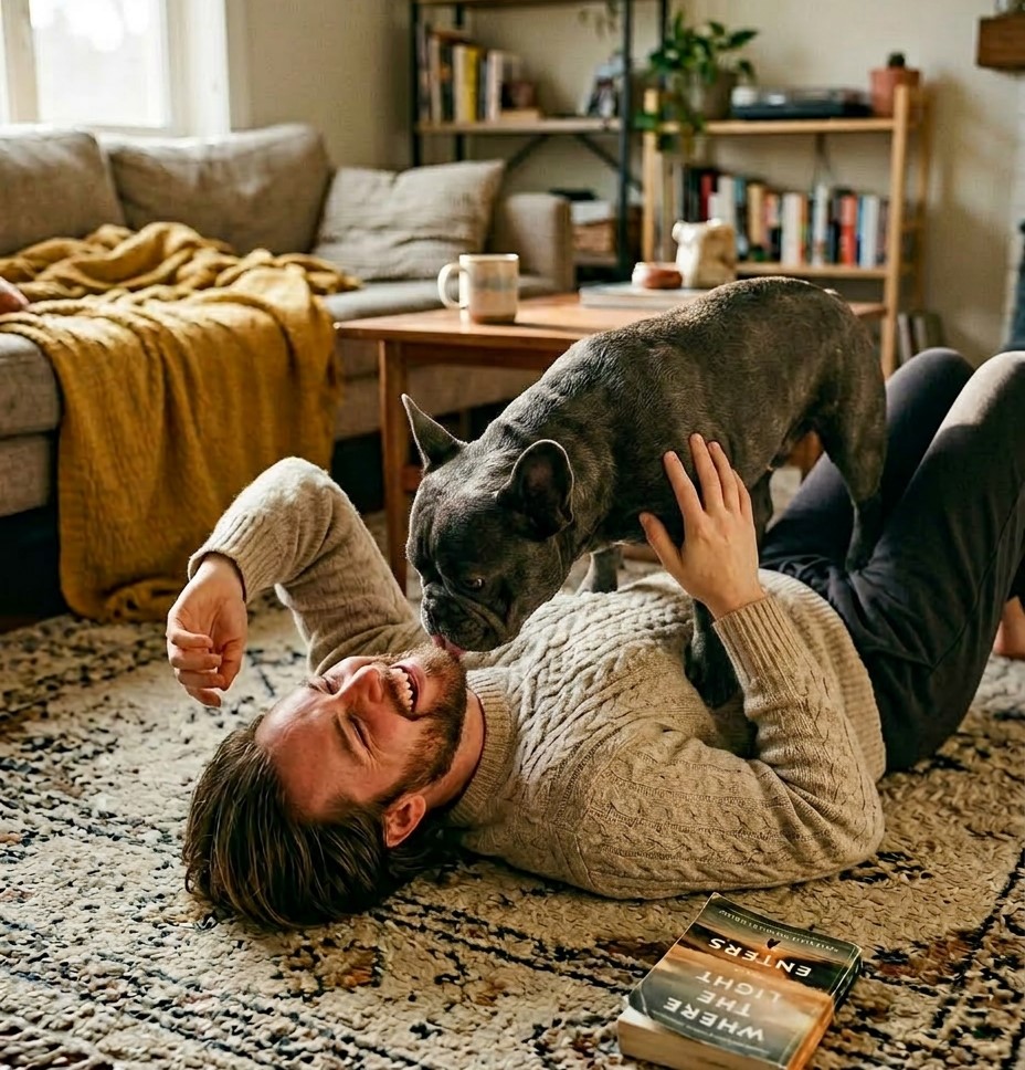 man lying on floor with his french bulldog