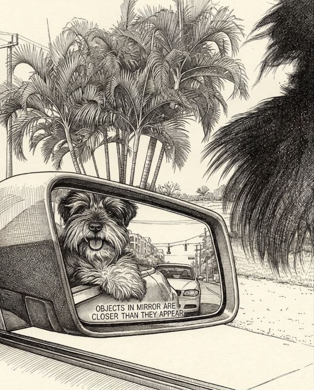 winston riding in car looking at self in  side mirror