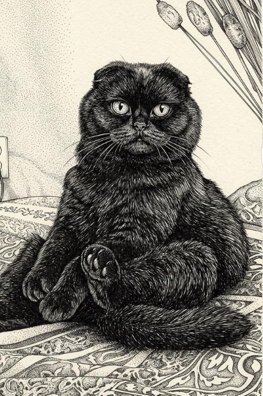 Nessie the Scottish Fold sitting on a bed