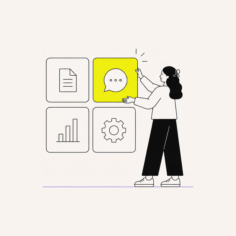 Line illustration of a woman arranging four icon tiles on a wall, highlighting the speech bubble tile in yellow