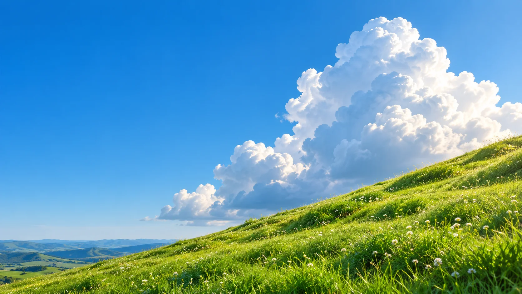 A green meadow under a cloudy sky