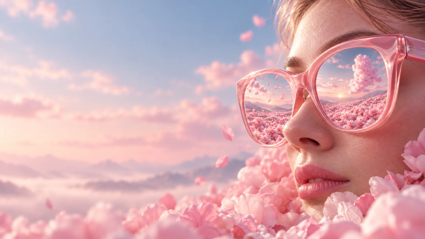 A person in pink sunglasses among pink blossoms, with pink clouds reflected in the lenses