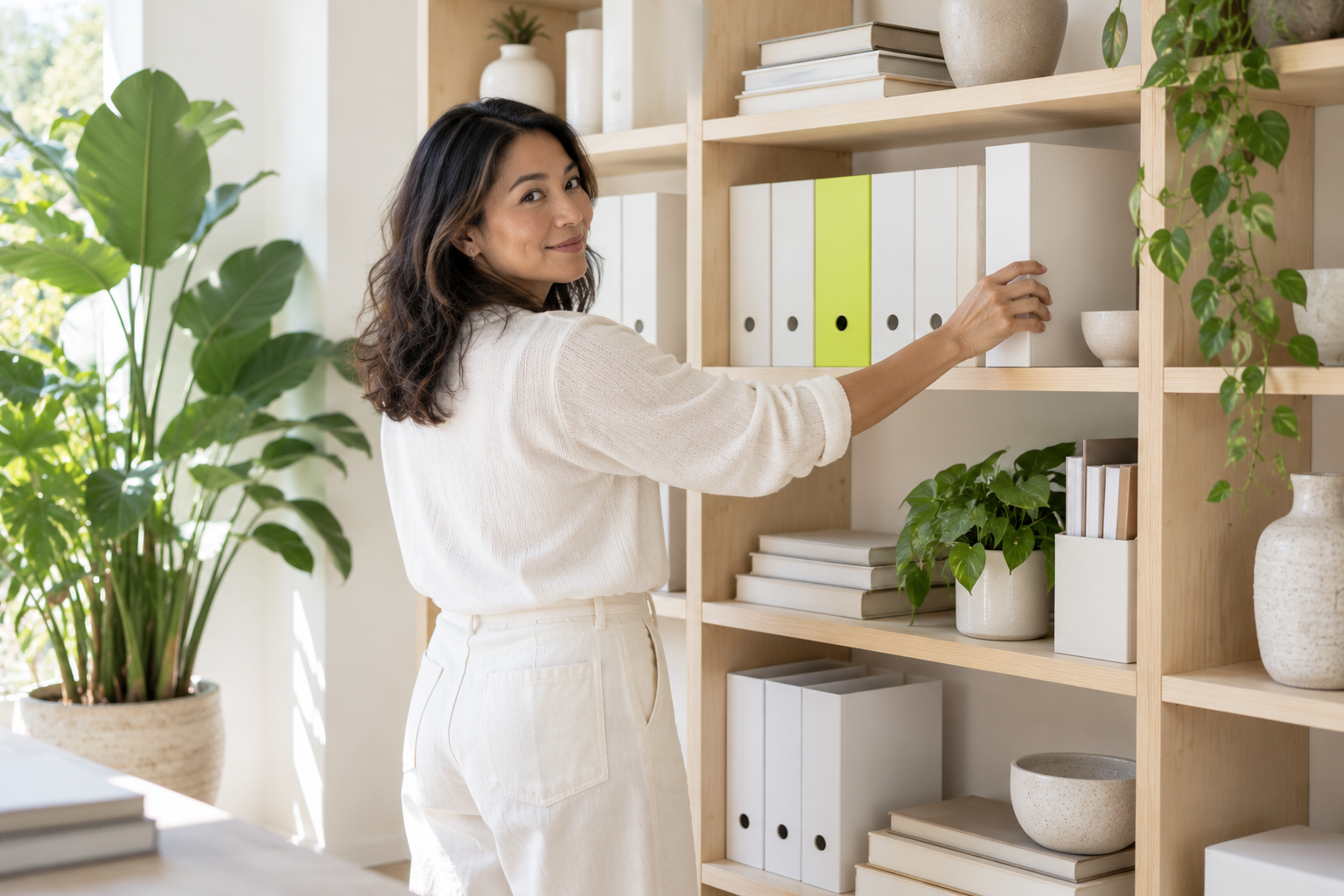 A woman filing a binder into ordered open shelving of business knowledge