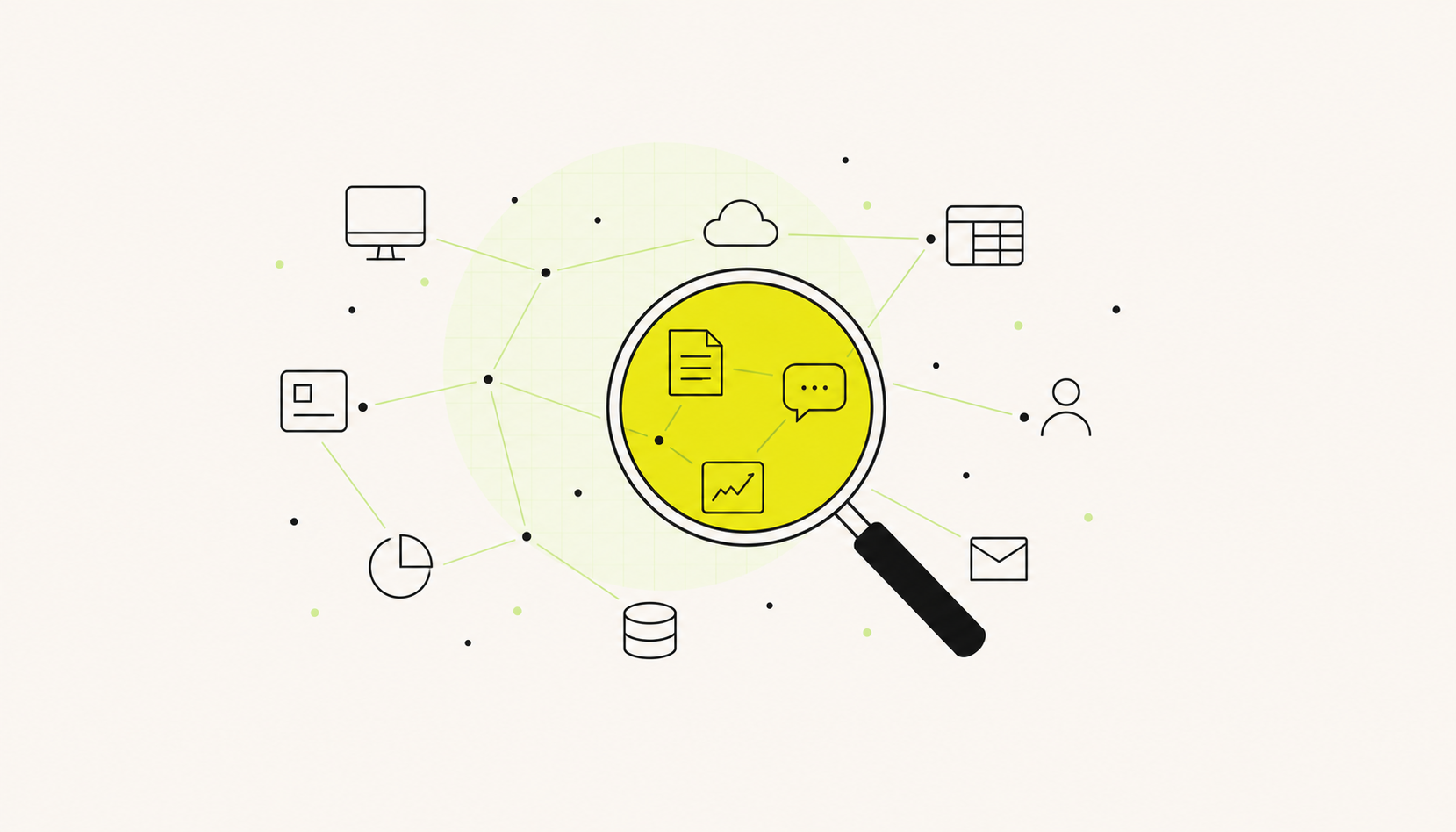 Line illustration of a magnifying glass held over a network of connected app icons, with the documents, chat and chart inside the lens picked out in yellow.