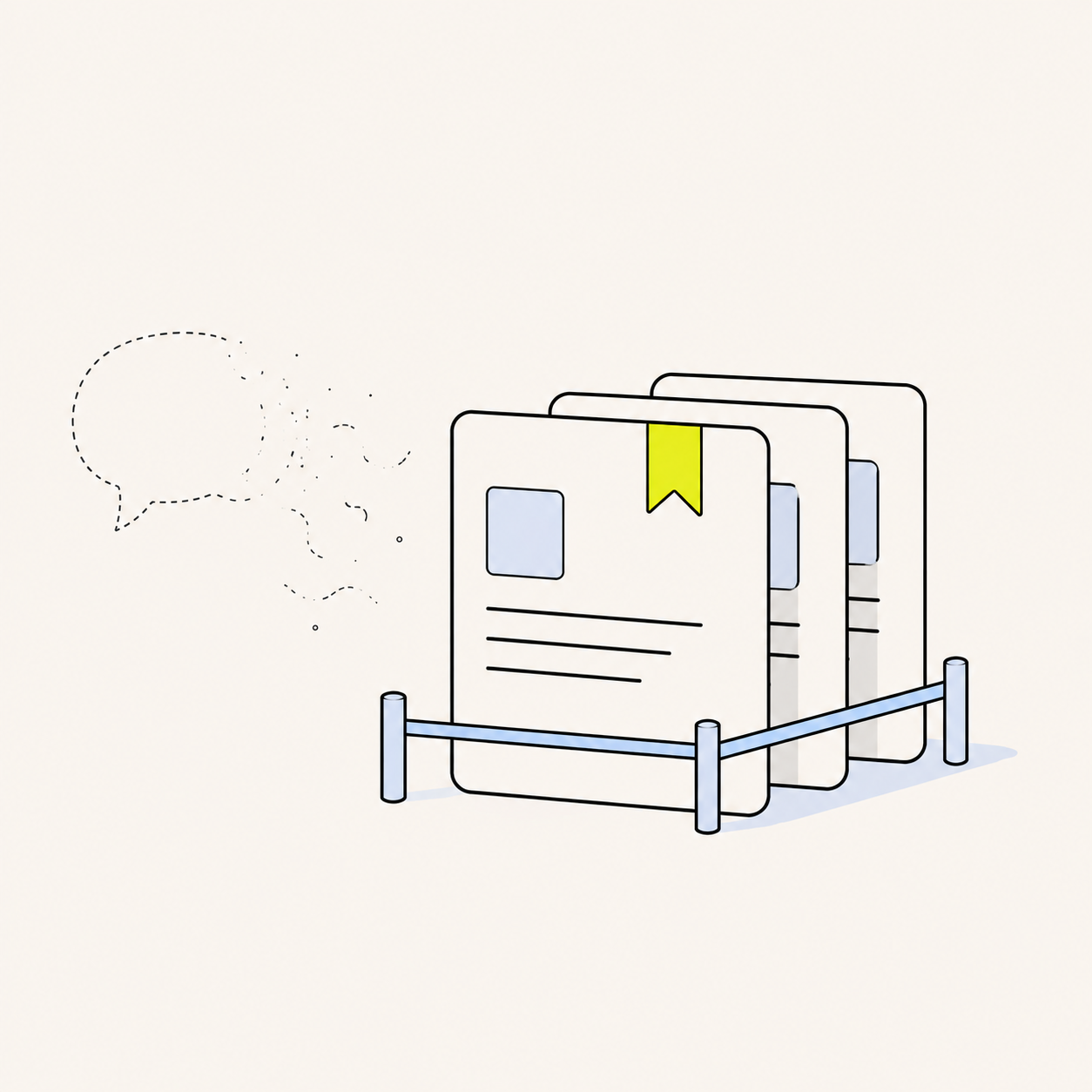 Line illustration of document cards standing behind a low barrier while dashed speech bubbles dissolve into dots.