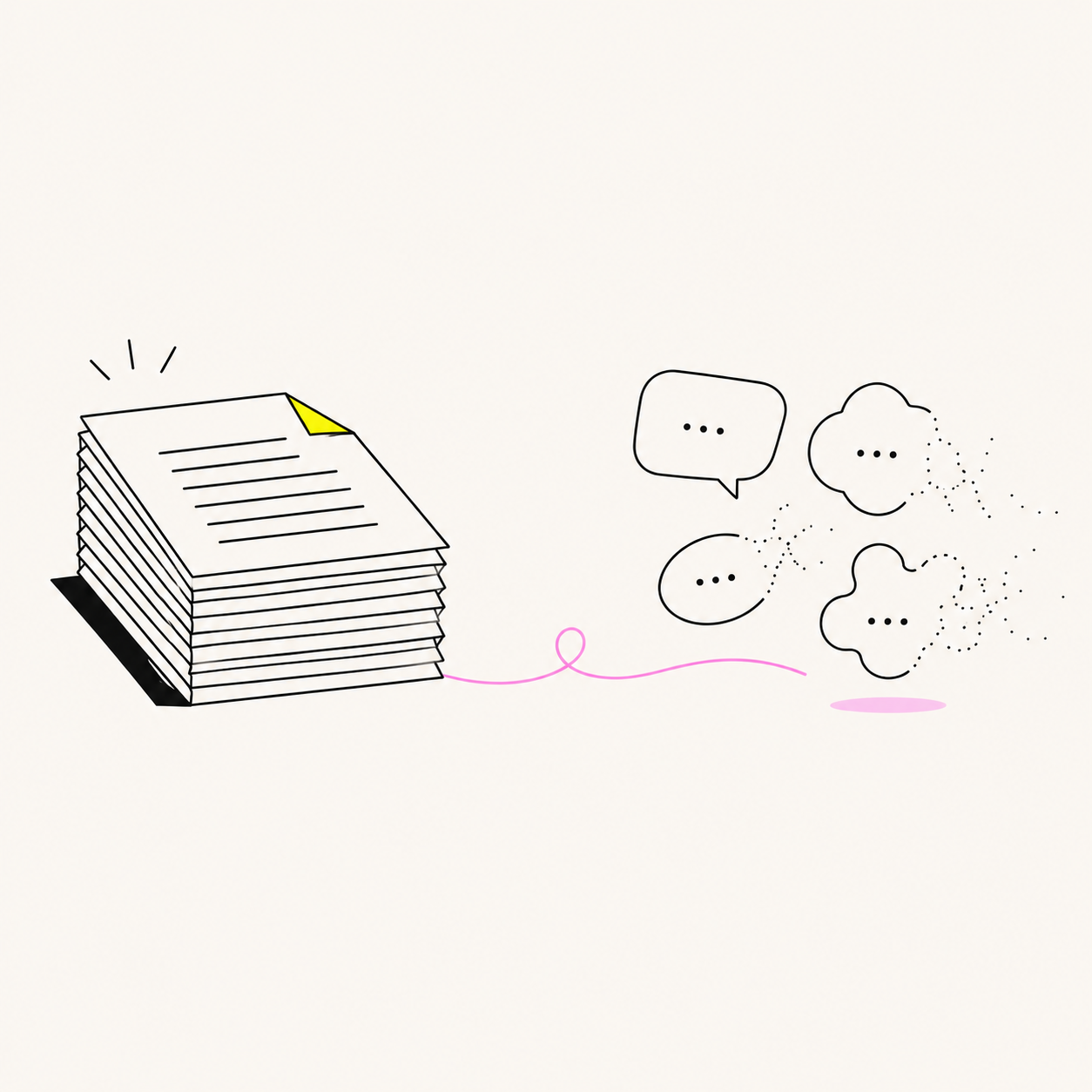 Line illustration of a tall stack of printed pages joined by a pink thread to speech bubbles that scatter into dots.