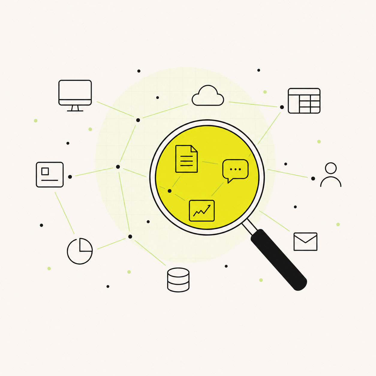 Line illustration of a magnifying glass over a network of connected app icons, the contents inside the lens picked out in yellow.