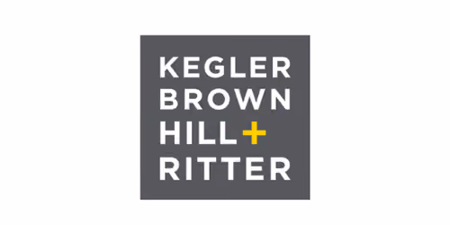 Kegler Brown Hill + Ritter logo with white text on a dark gray square background and a yellow plus symbol.