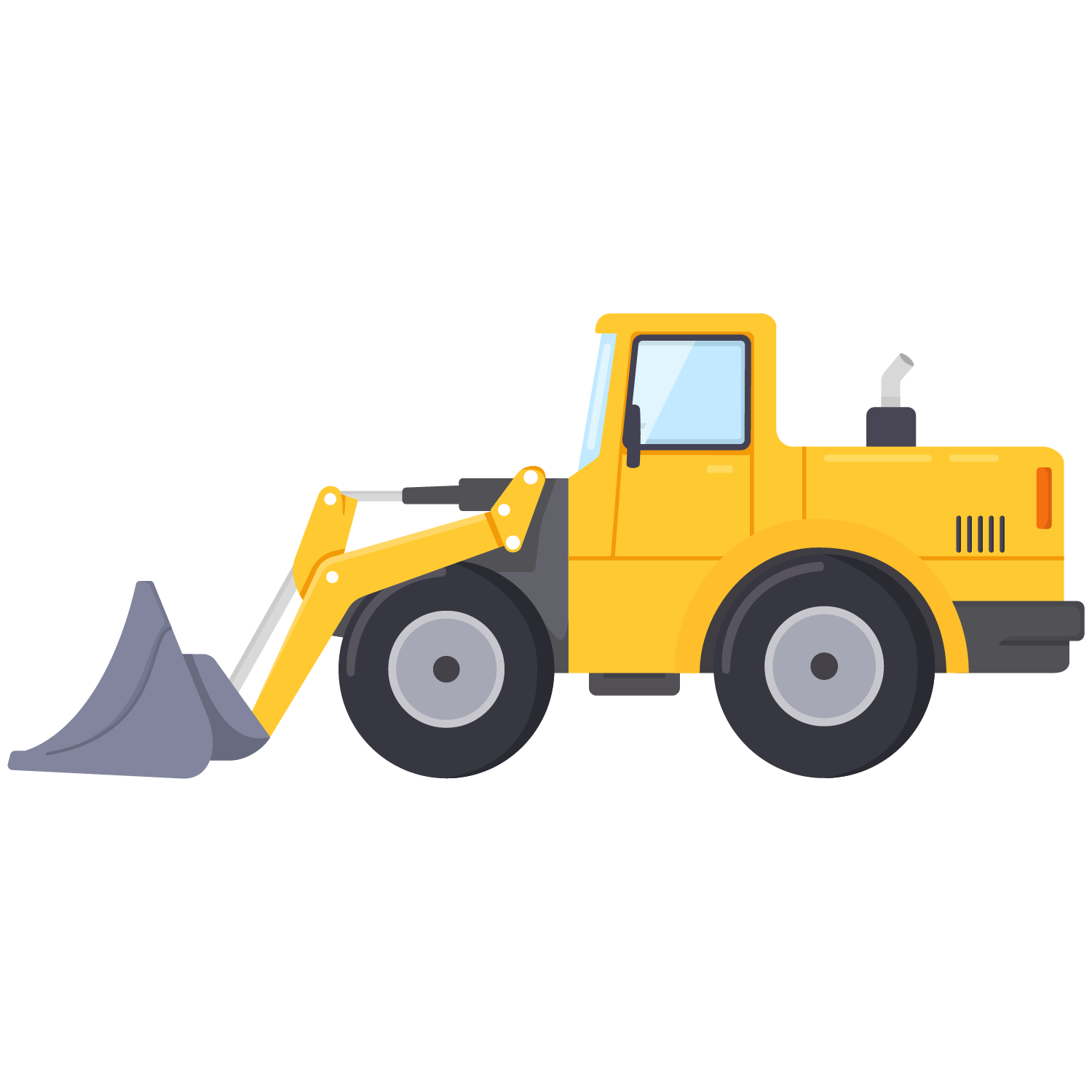 Yellow bulldozer construction vehicle with large shovel attachment and two large wheels.
