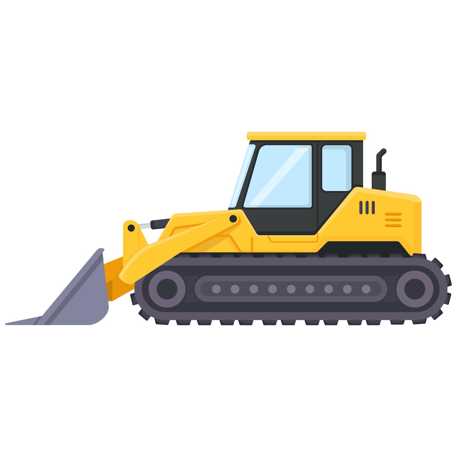 Yellow bulldozer with large blade and caterpillar tracks in side view.