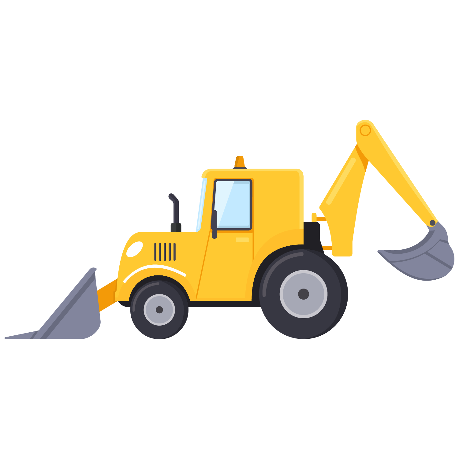 Yellow backhoe loader construction vehicle with front bucket and rear digging arm.