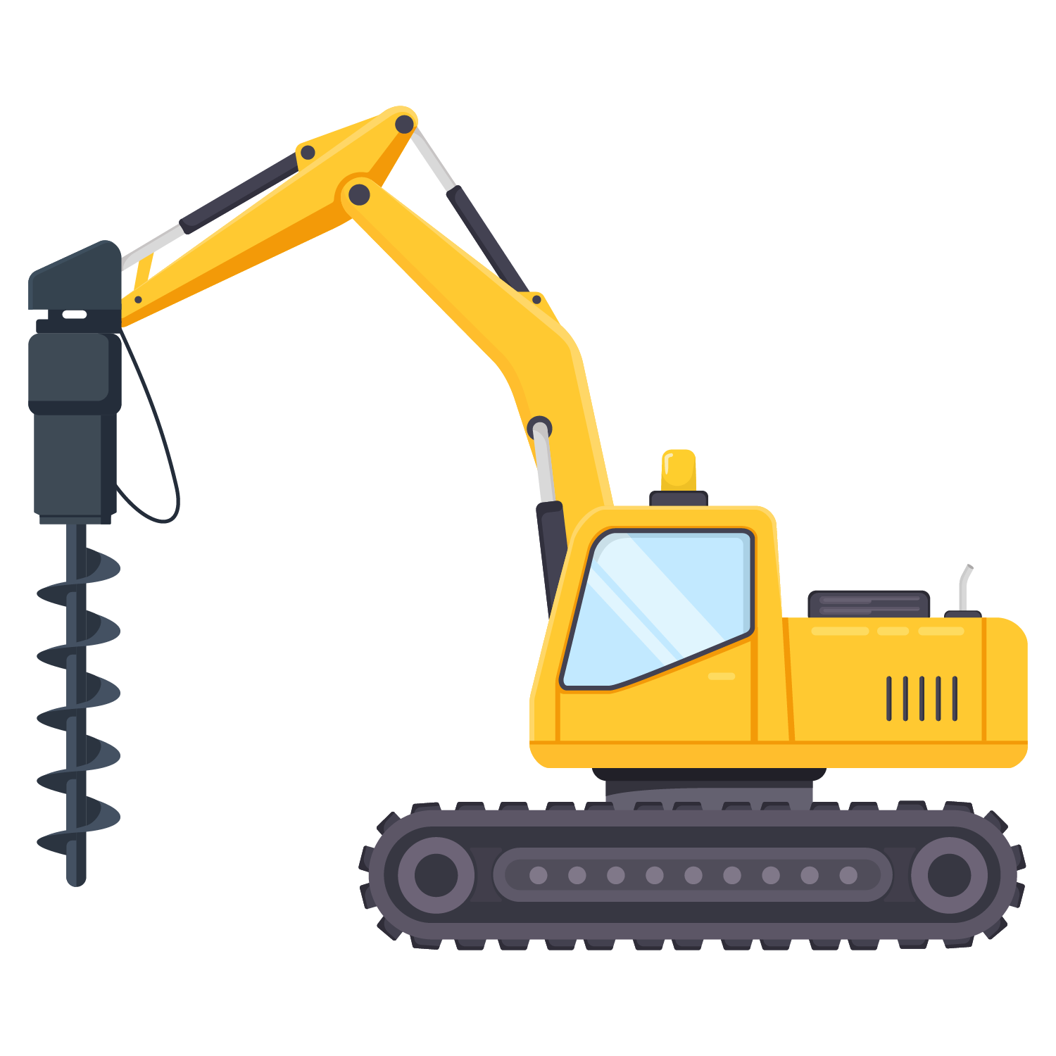 Yellow excavator with tracked base and large auger drill attachment for heavy construction work.