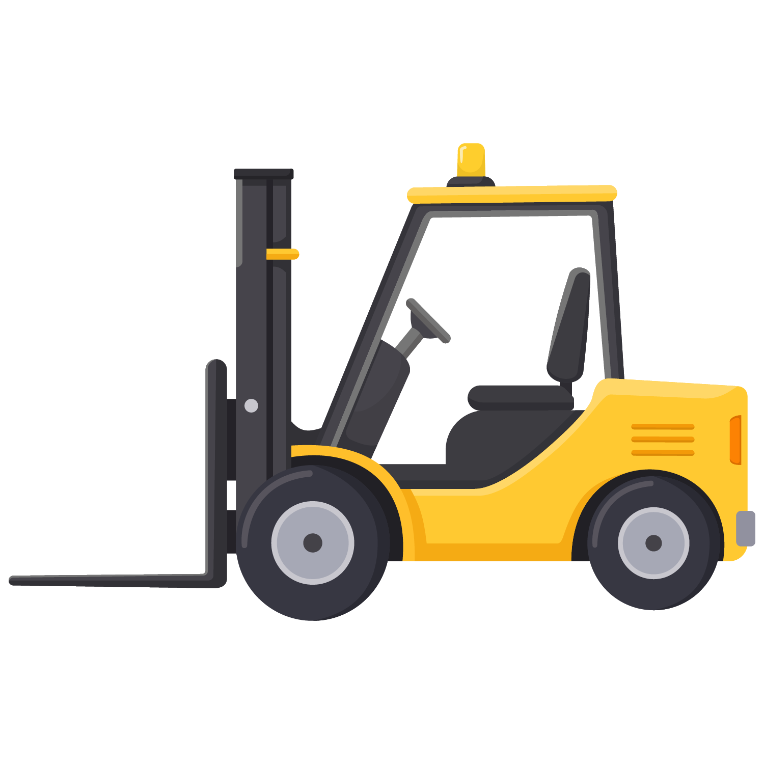 Yellow forklift with black forks, seat, and steering wheel viewed from the side.