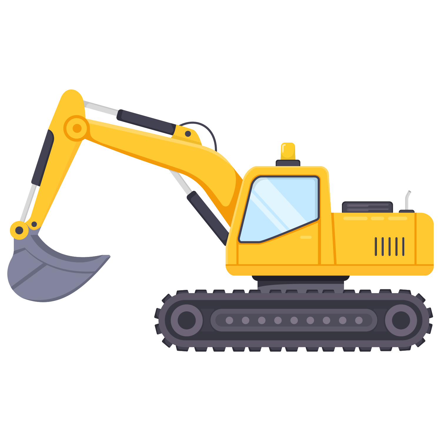 Yellow excavator construction vehicle with a large bucket and continuous tracks.