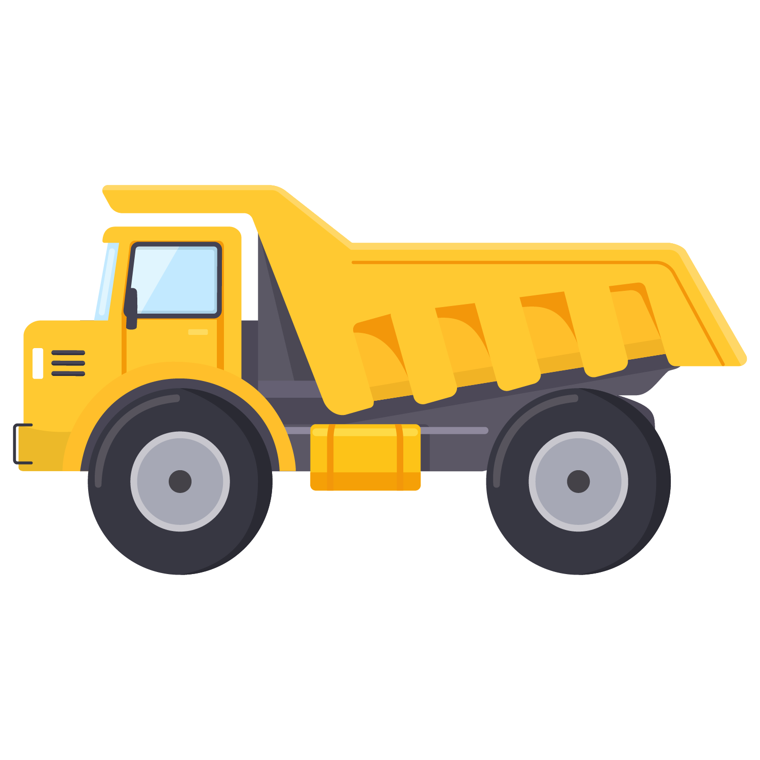 Illustration of a yellow heavy construction dump truck viewed from the side.