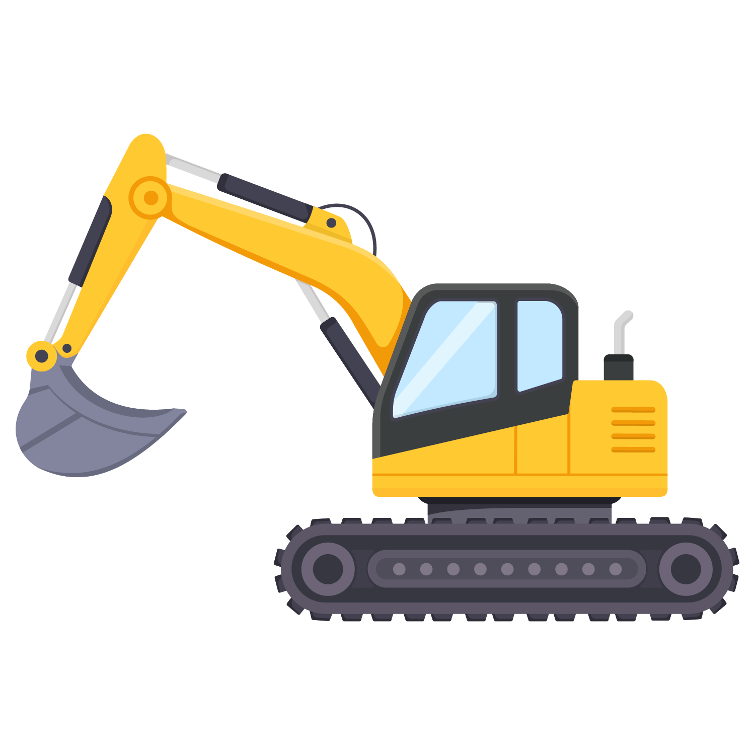 Yellow mini excavator construction vehicle with a bucket and tracks.