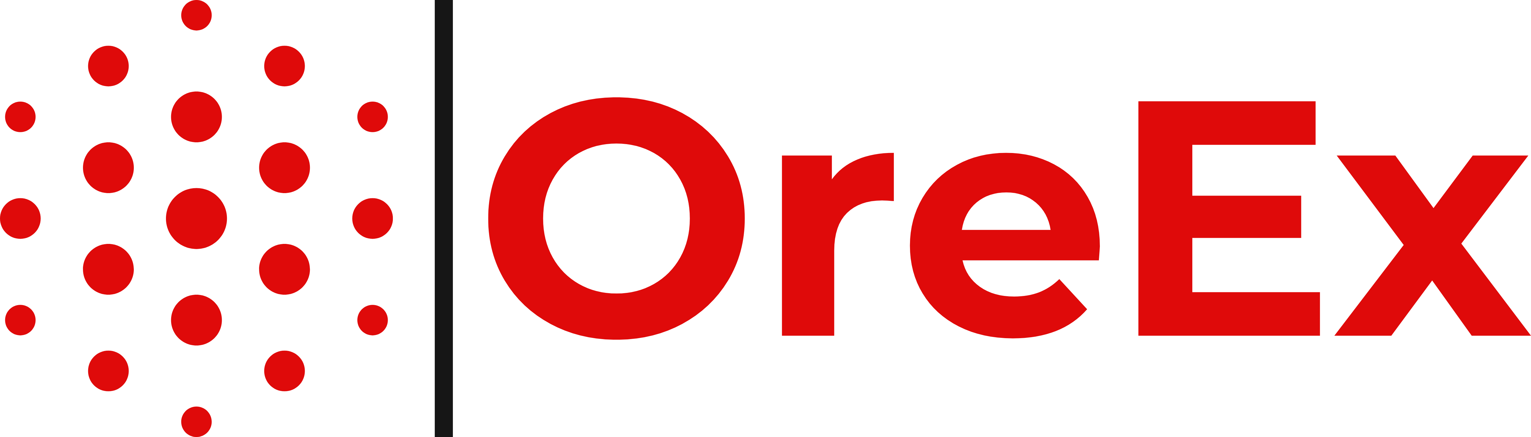 Red circular dots forming a pattern next to the red OreEx text logo on a black background.
