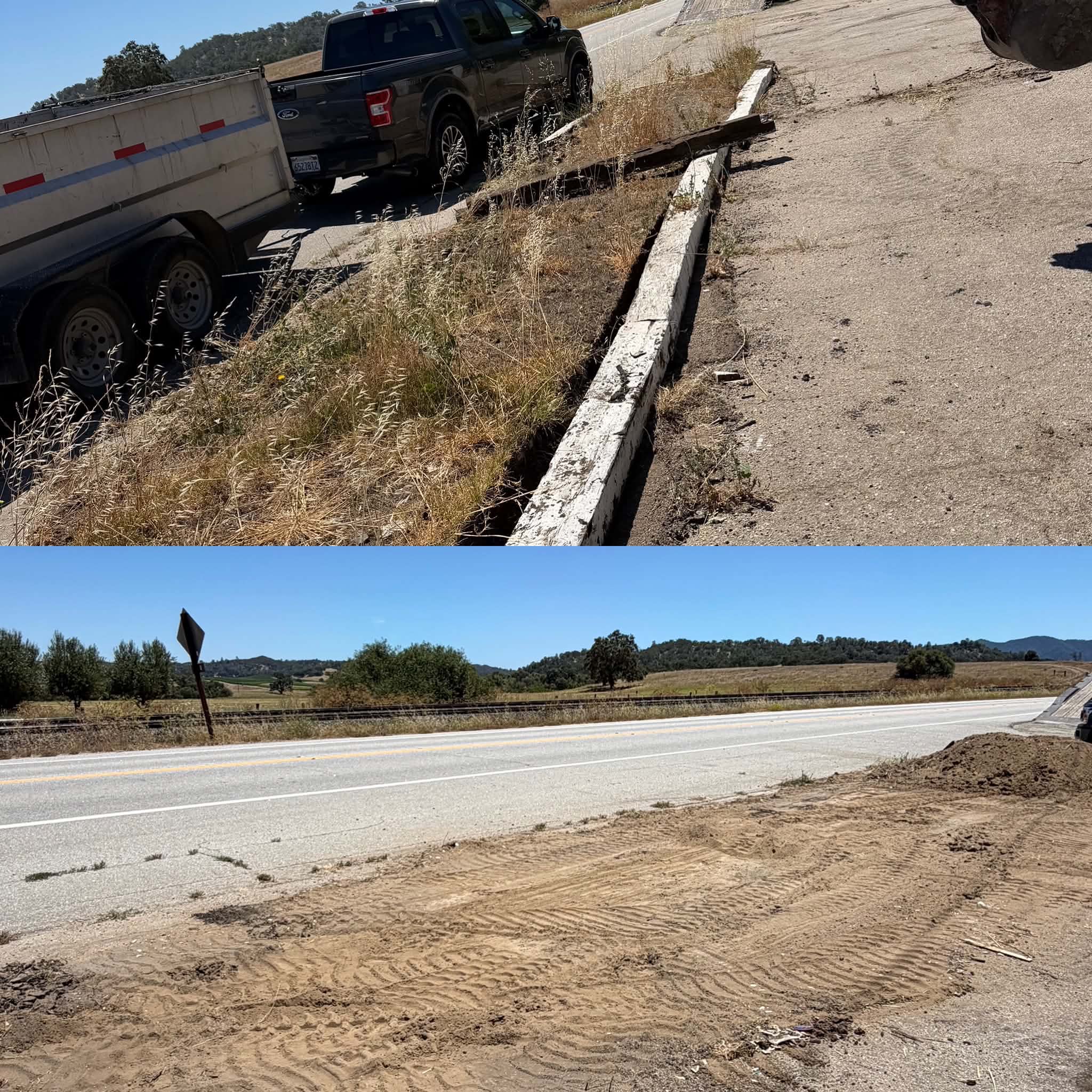 Expansive freshly graded dirt driveway next to a black metal residential gate, highlighting site preparation services in San Luis Obispo County.