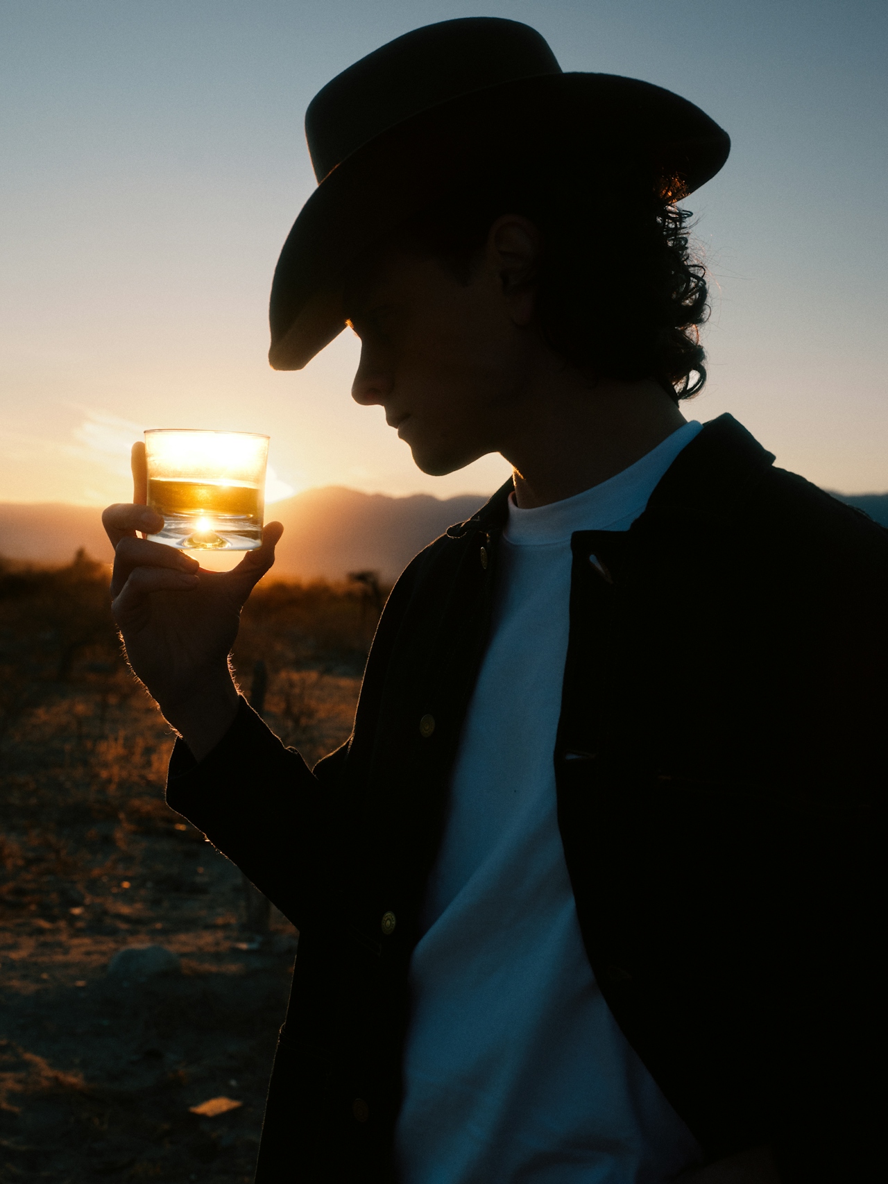 Silhouette of a person in a cowboy hat holding a glass with amber liquid at sunset outdoors.