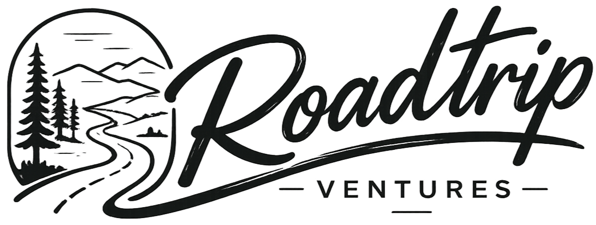 Logo with winding road, pine trees, mountains, and text Roadtrip Ventures.