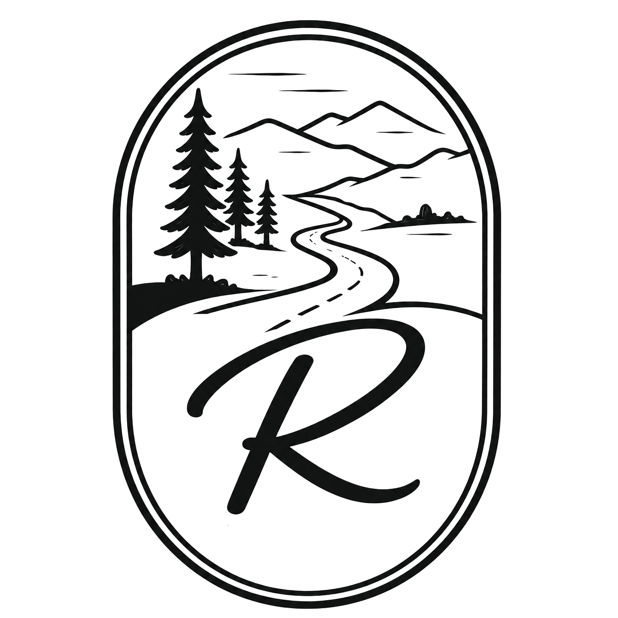 Logo with a winding road, pine trees, mountains, and large letter R above the word Ventures.