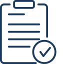 Clipboard icon with a checklist and a checkmark symbol in a simple blue line style.