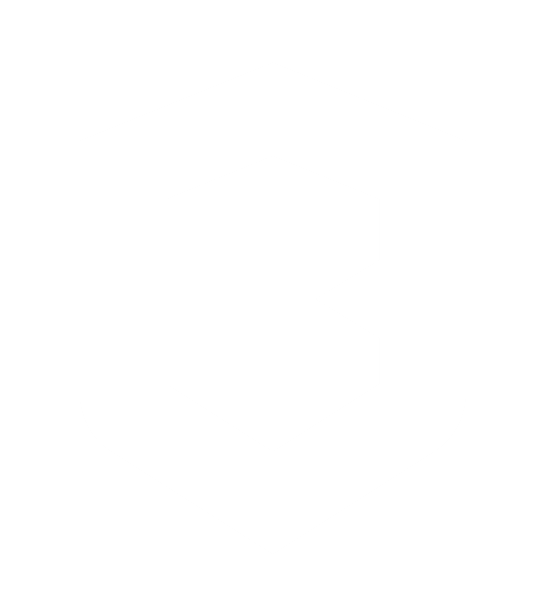 White hexagon with a stylized capital B cutout in the center on a black background.