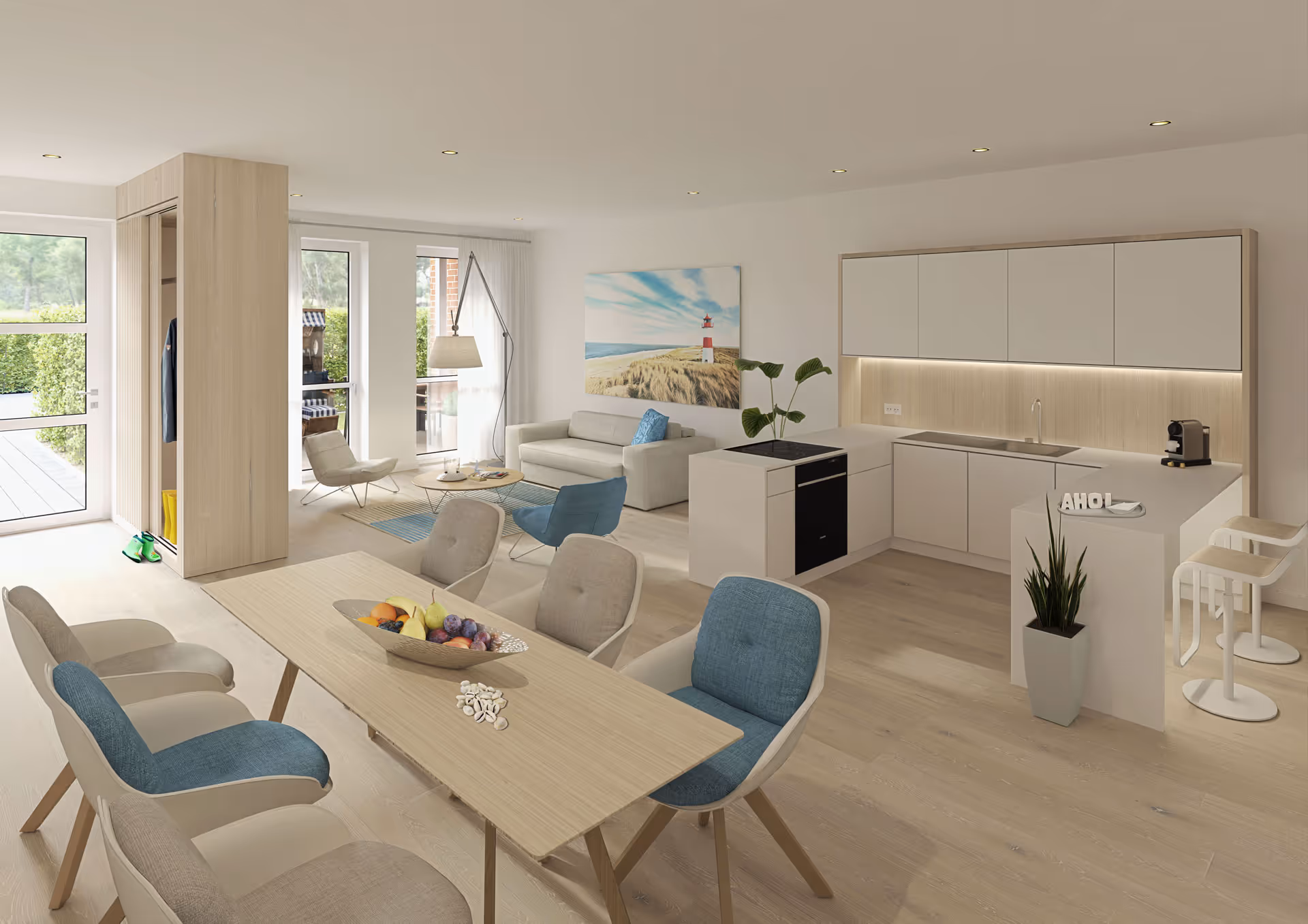Moderne offene Küche mit Essbereich, Sofa, Sesseln, großem Fenster und Holzfußboden.