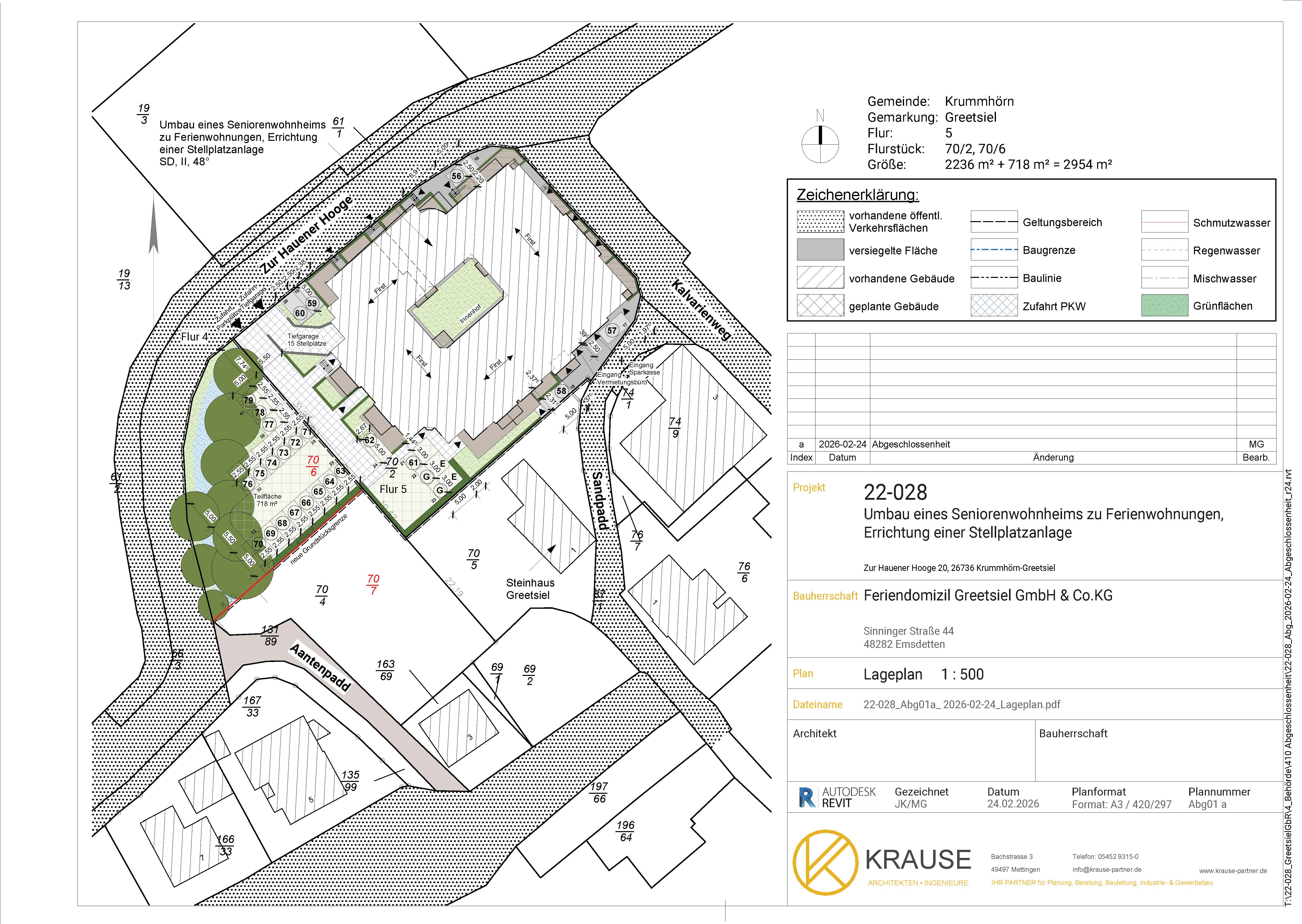 Lageplan für Umbau eines Seniorenwohnheims zu Ferienwohnungen mit Parkplätzen in Greetsiel.