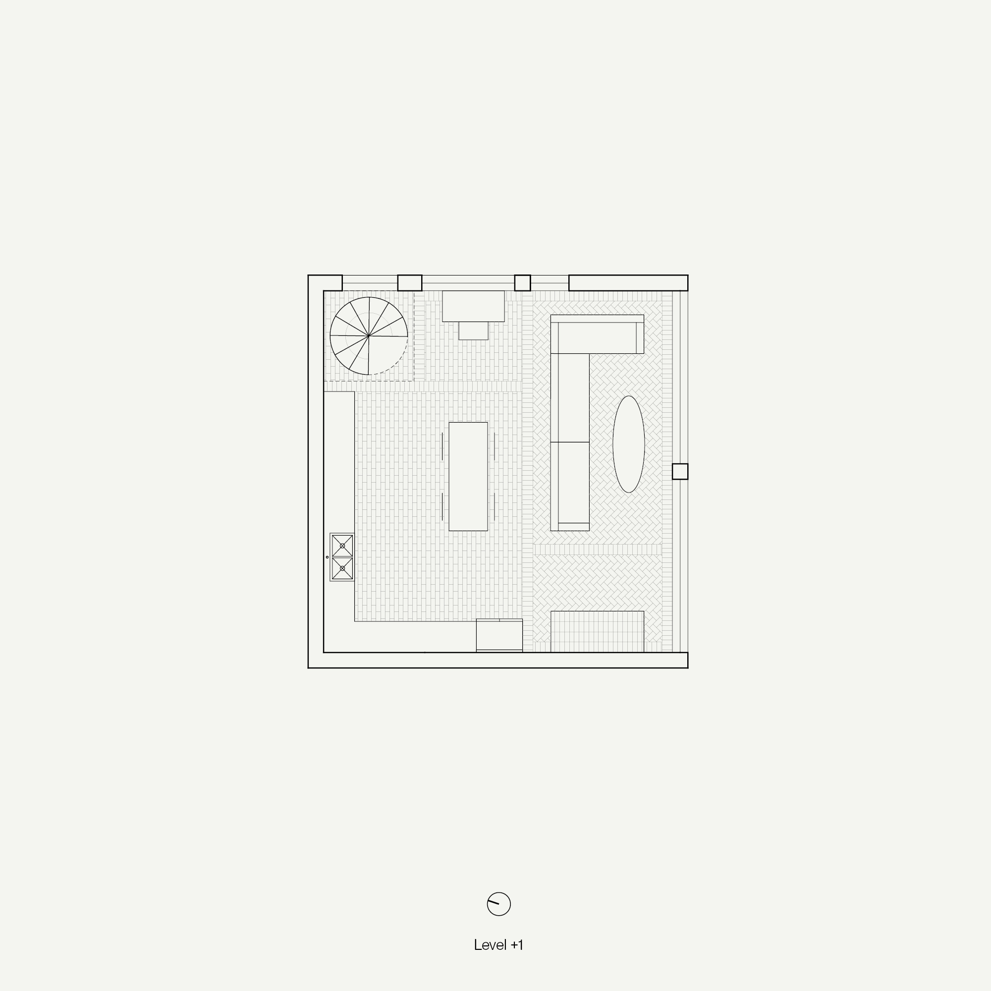 Architectural floor plan drawing of the Caretaker's Cottage second floor, showing kitchen and living spaces.