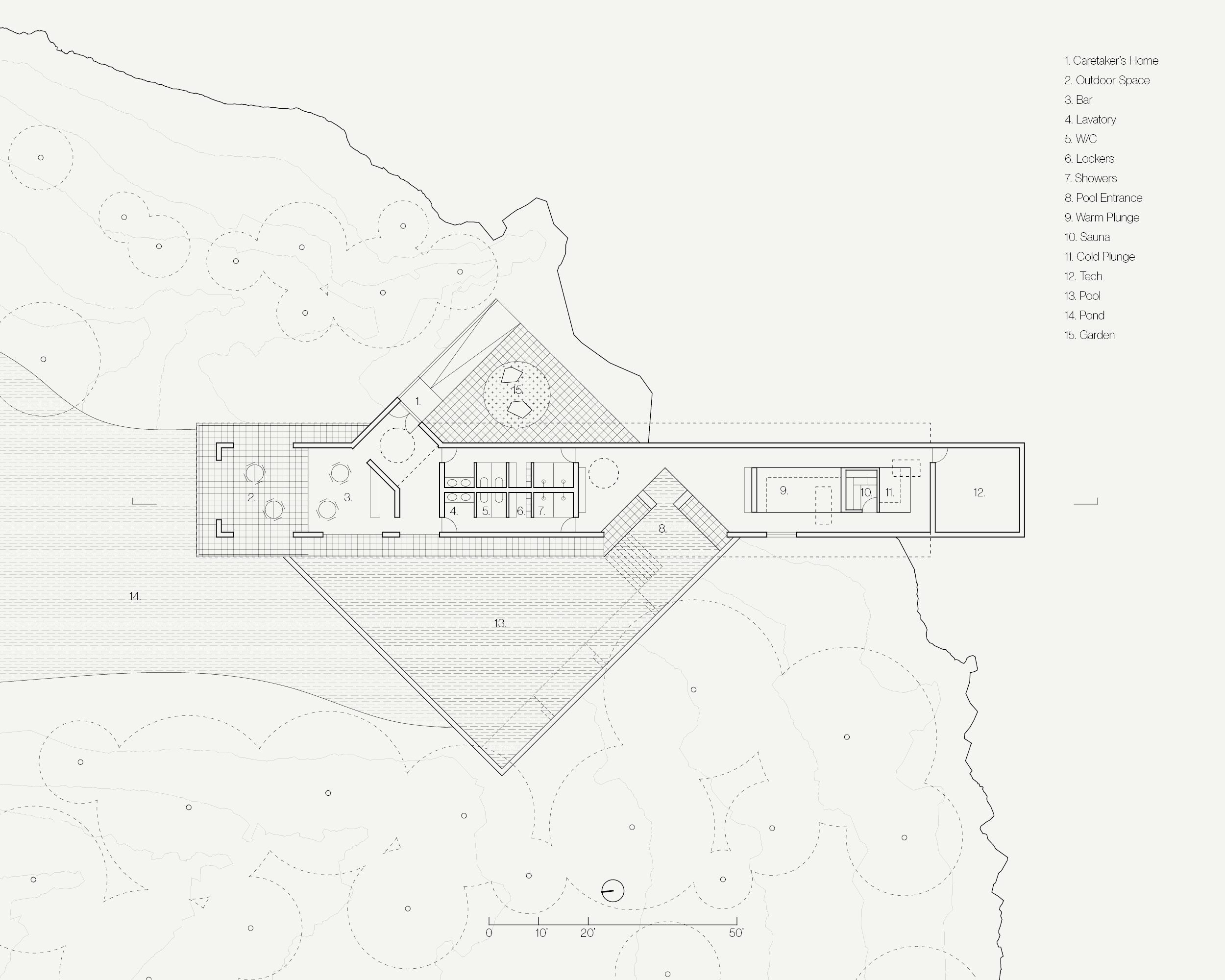 Architectural floor plan drawing of the spa indicating a bar and outdoor patio, changing rooms, pool, and warm and cold plunge pools.