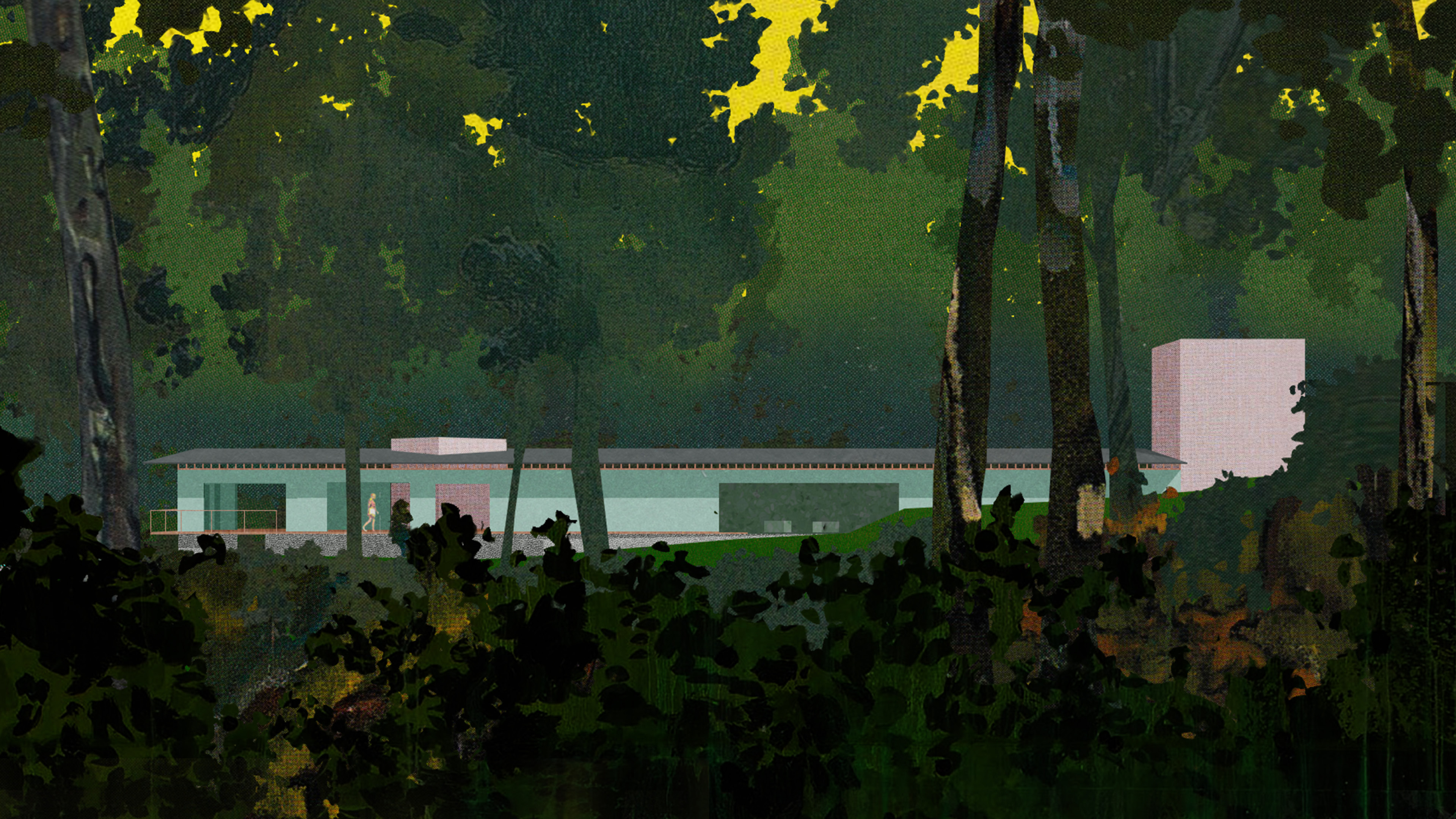 Collage of the low-slung spa and bathhouse, seen through the forest. 