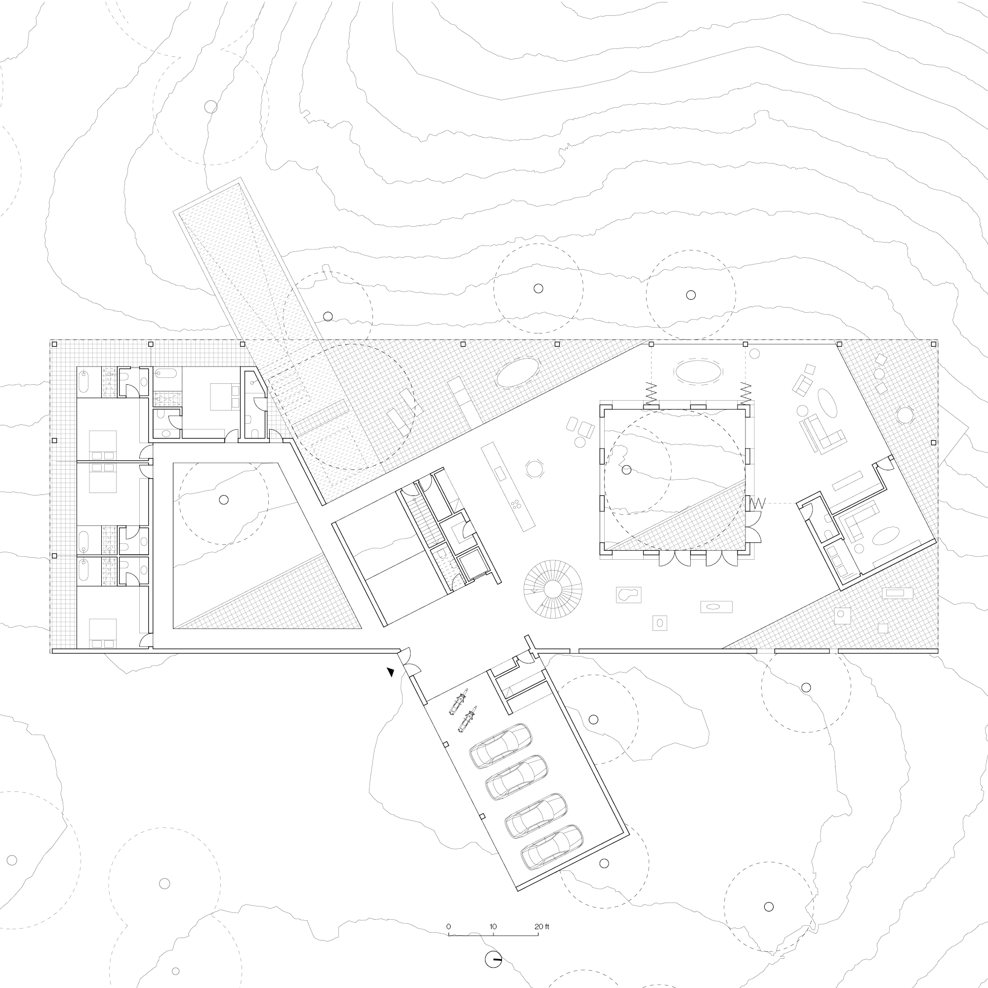 Architectural floor plan of Villa Two's main level. Generous outdoor courtyards within the building's floor plate preserve special trees.
