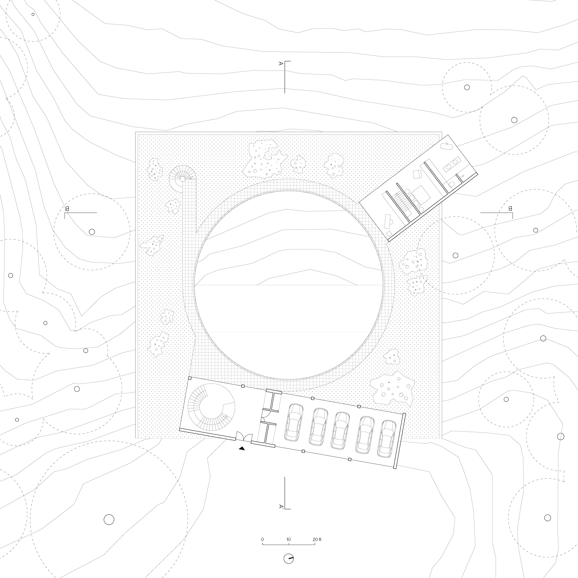 Architectural floor plan of Villa One's top floor, with glass garage, circular courtyard, and primary suite pavilion.