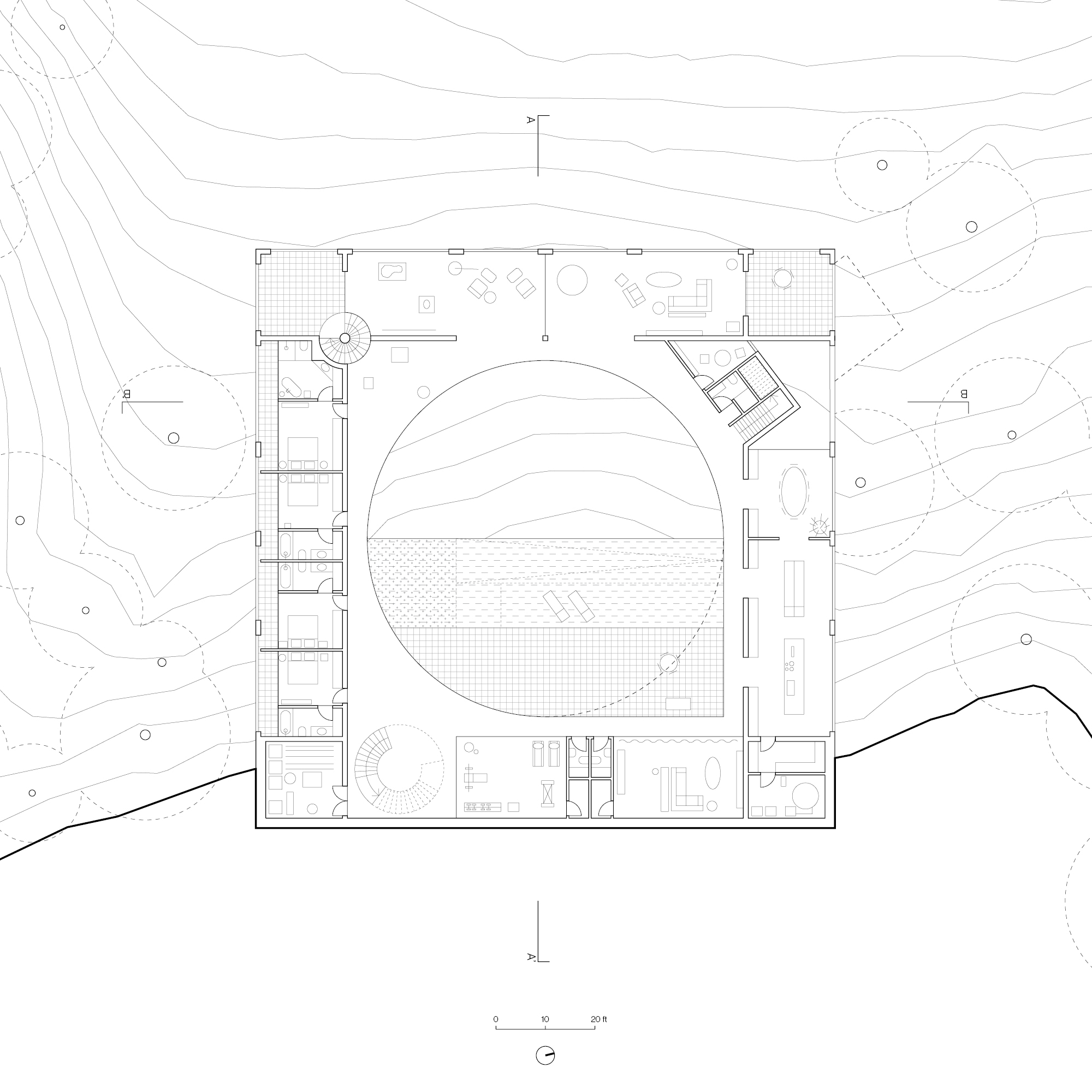 Architectural floor plan of Villa One's main floor, with a central circular courtyard and living spaces organized into four wings.
