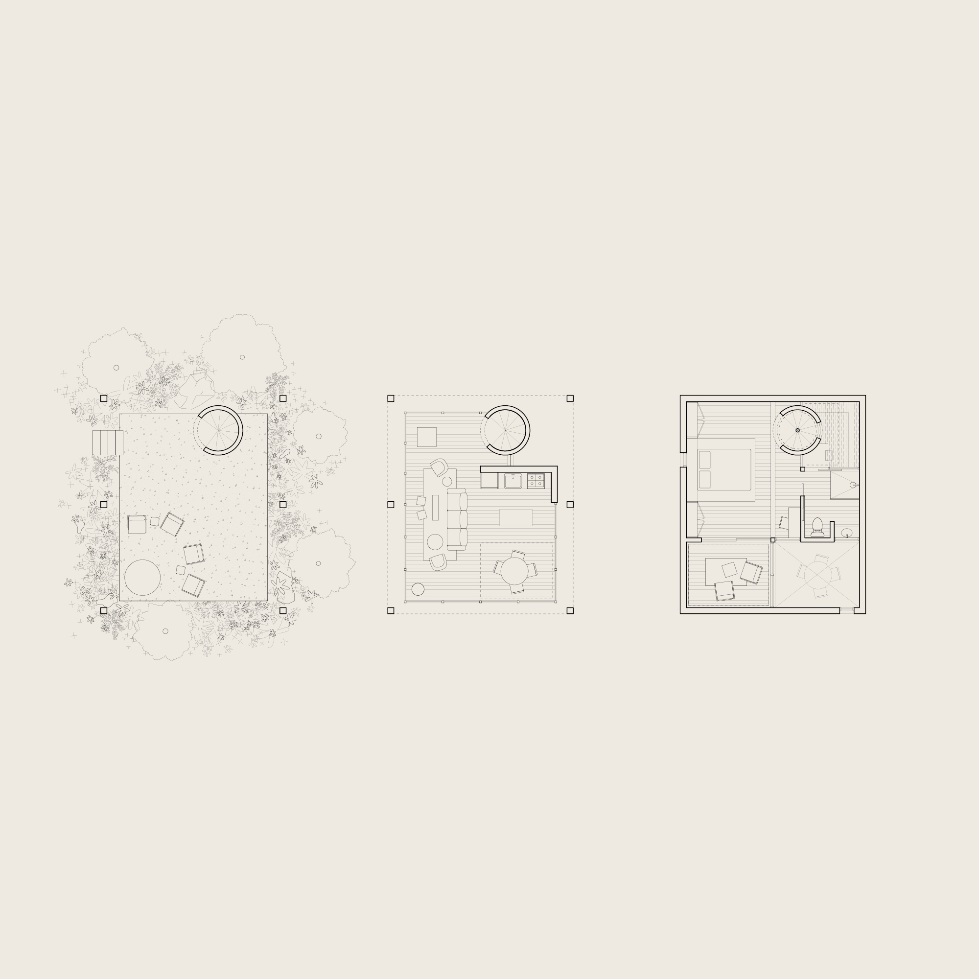 Architectural floor plan drawings of a two-story cabin showing outdoor patio, living area, kitchen, bedroom, and bathroom.
