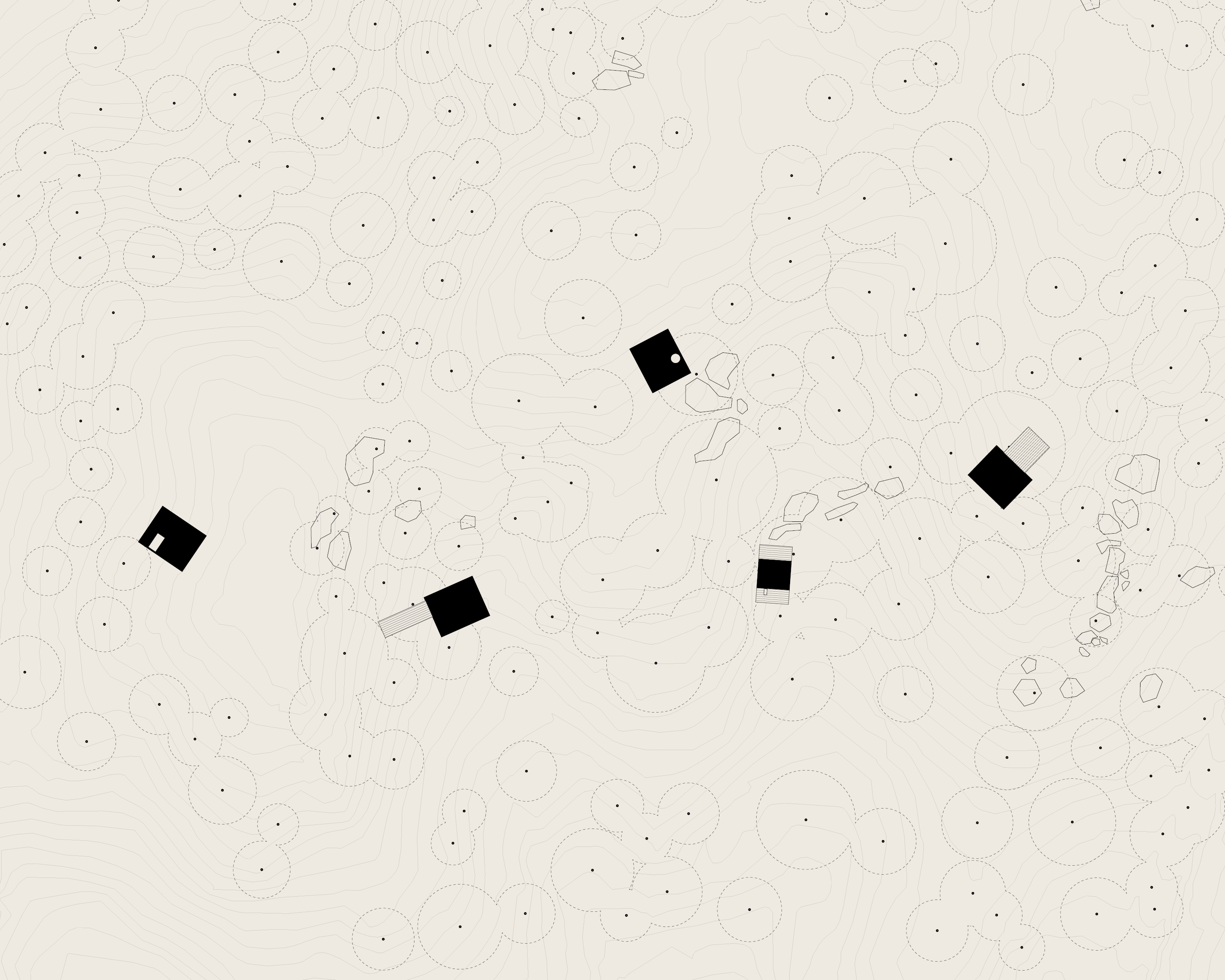 Architectural site plan with contour lines and black squares indicating the cabin structures.