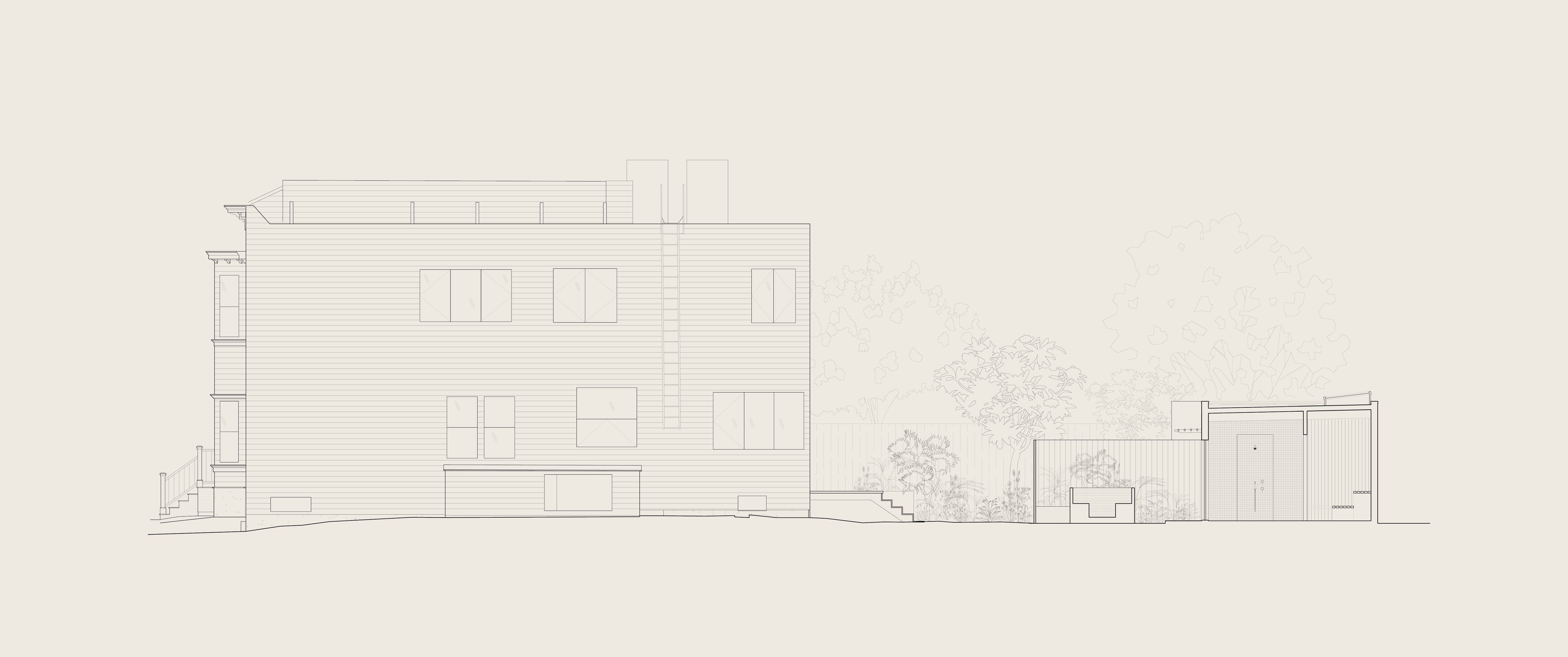 Architectural elevation drawing of the house, garden, and carriage house with outdoor soaking tub.