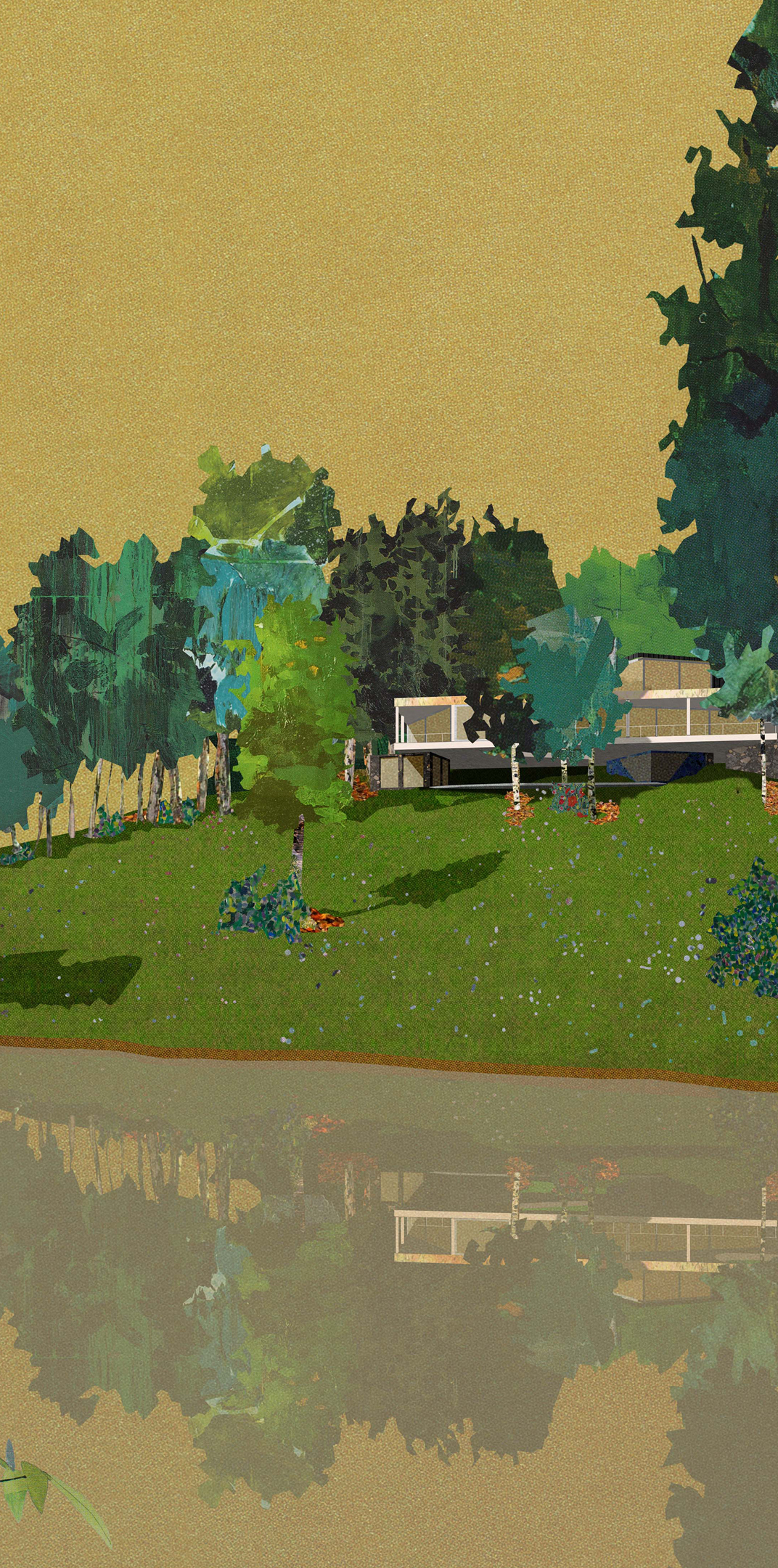 The villa, seen from the still pond, is surrounded by trees on a hillside. A small dock structure is in the foreground.