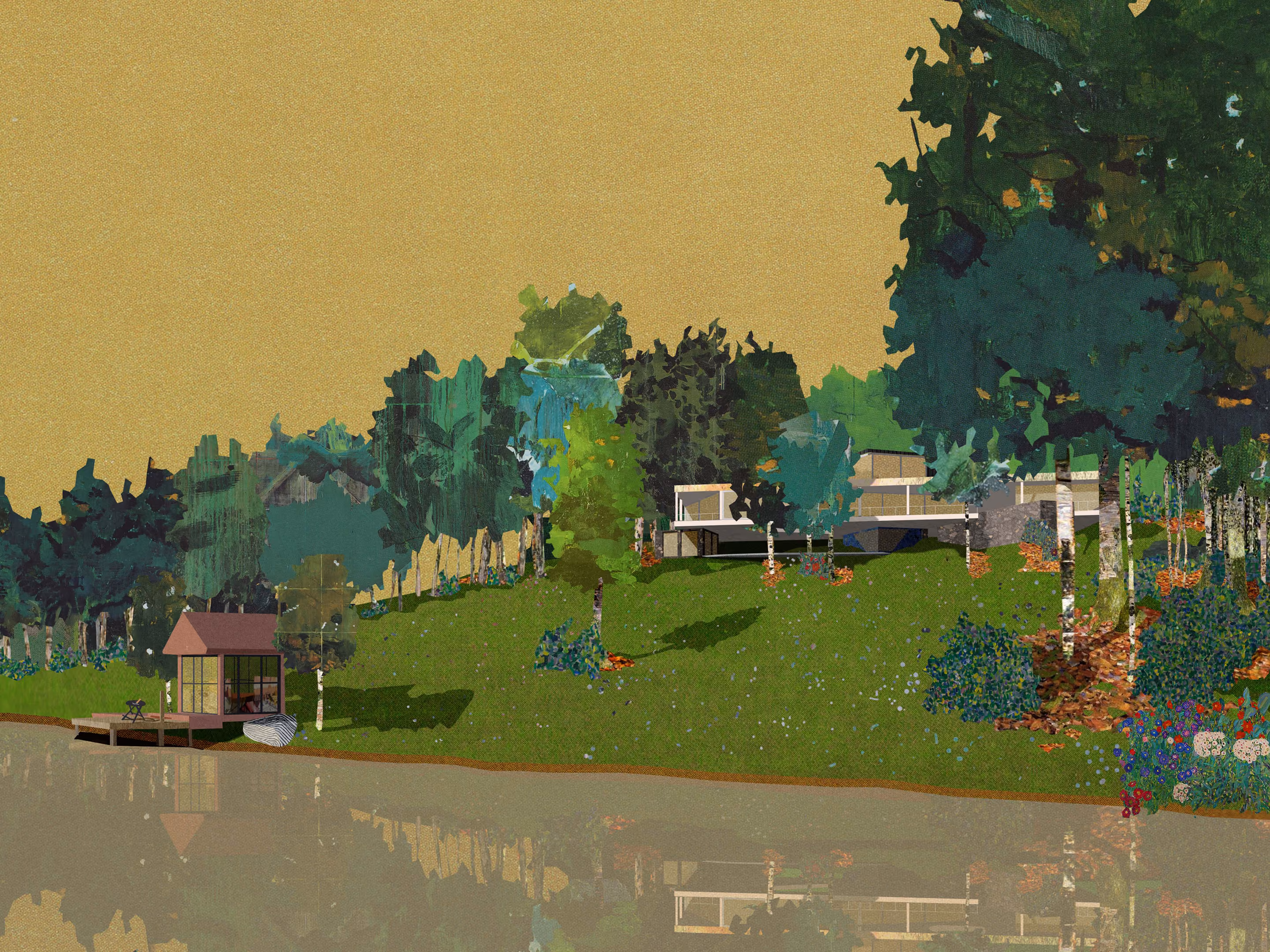 The villa, seen from the still pond, is surrounded by trees on a hillside. A small dock structure is in the foreground.