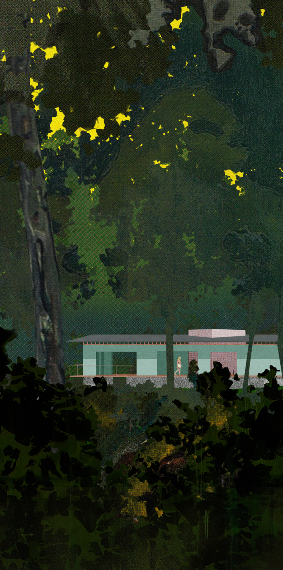 Collage of a low-slung spa and bathhouse, seen through the forest. 