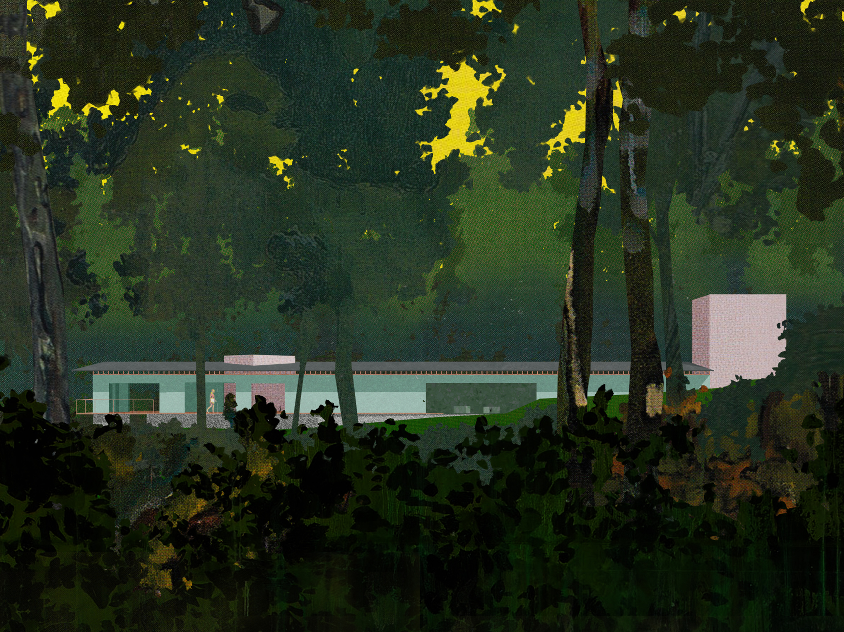 Collage of a low-slung spa and bathhouse, seen through the forest. 